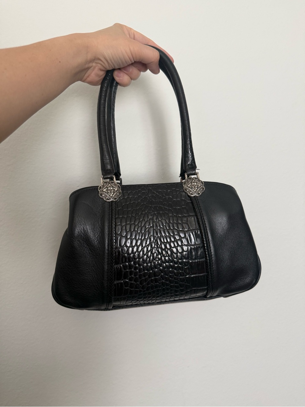 Brighton Chantilly Black Leather Croc Satchel Bag Filigree Heart vintage